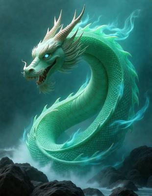 Primary subject: A green dragon with a blue tail and a blue and green body.

Setting/background: The dragon is in a dark, foggy environment, with a rocky surface visible in the background.

Visual style: The image is a digital art or illustration, featuring a detailed and colorful dragon.

Colors and mood: The dragon has a blue and green body, with a blue tail, and the overall atmosphere is dark and mysterious.